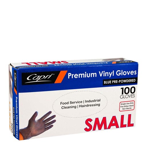 CAPRI BLUE VINYL GLOVE SML POWDER 100's